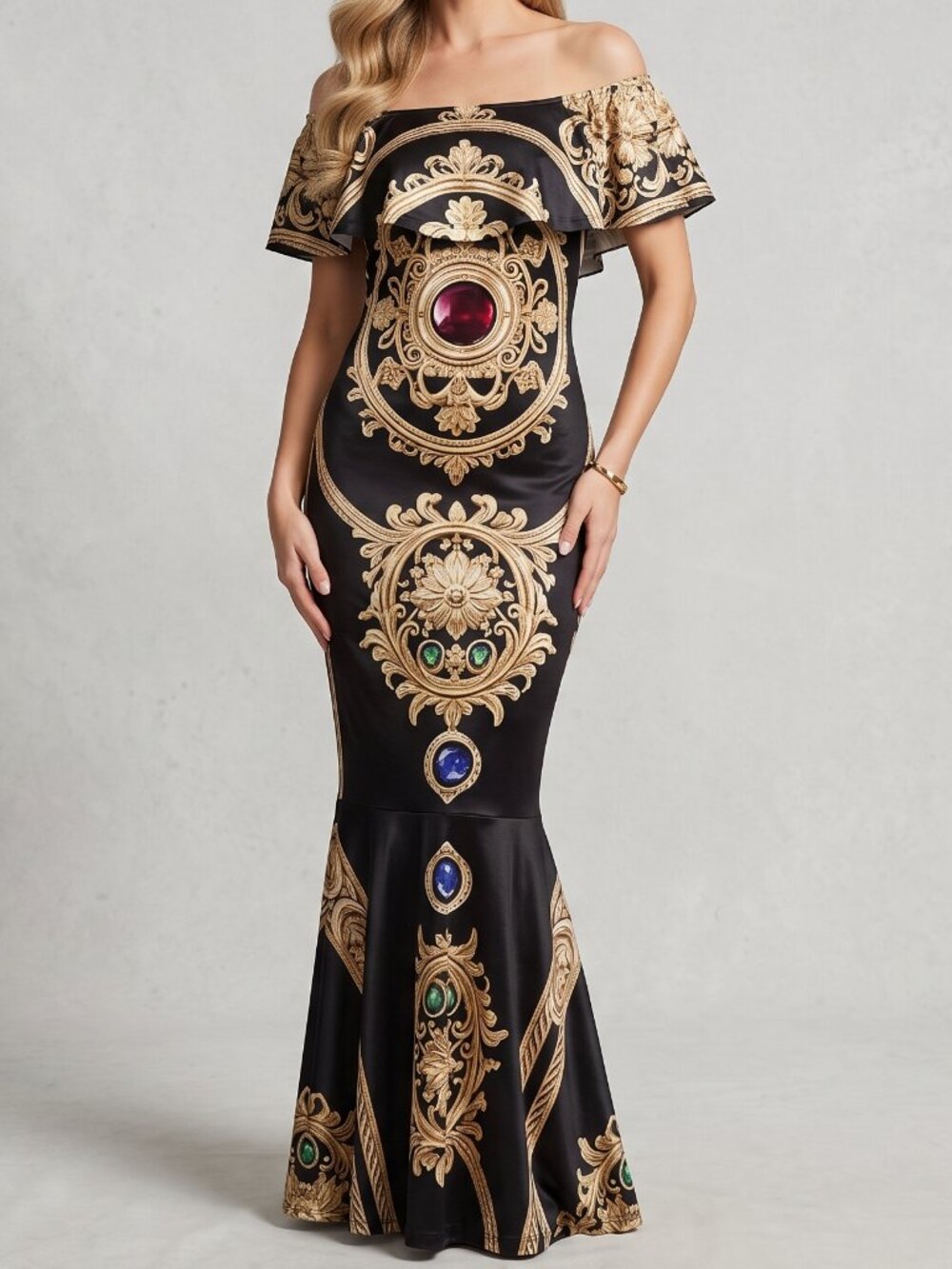 Conceptual Subculture XL Off Shoulder Max Dress Jewel Baroque Bodycon Gold Black